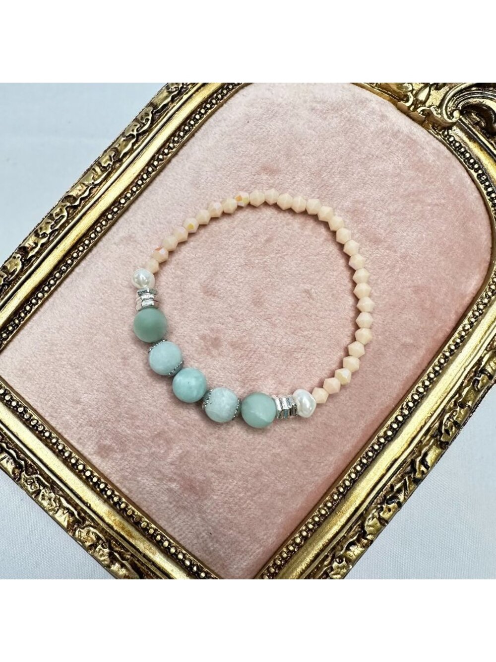 Asymmetric Green Angelite & Peach Beaded Stretch Bracelet Shell Pearl Handmade
